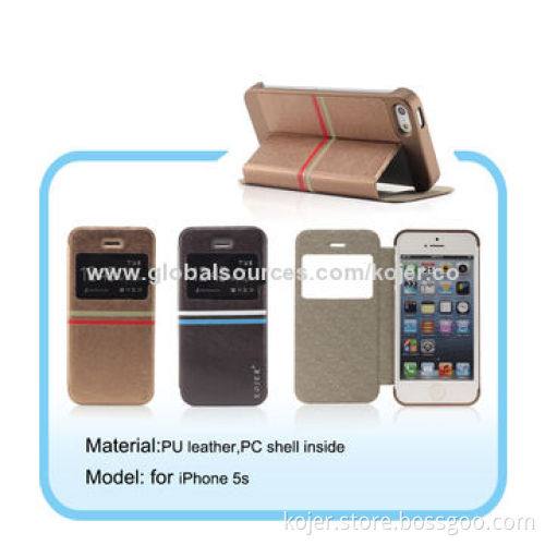 PU leather cases for iphone5, new flip mobile phone cases with window and stand function